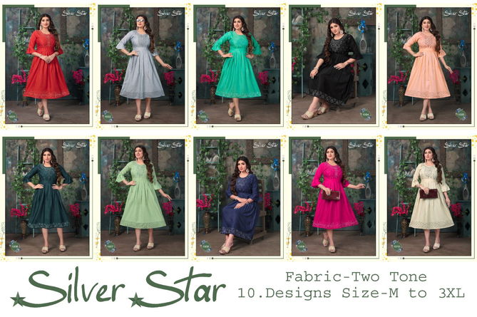 Silver Star Vol 1 By Trendy Rayon Flaired Designer Kurtis Wholesale Shop In Surat
